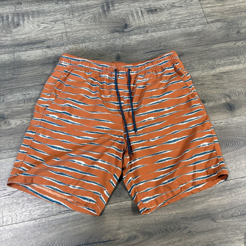 Garnet Hill Swim Shorts Mens Large Orange Striped Mesh Lined Swim Trunks Print
